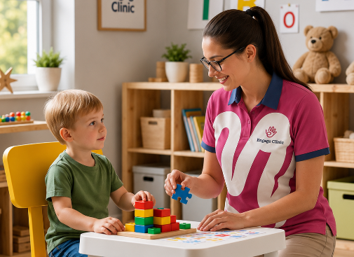 Child happily engaged with an Engage Clinic therapist during an ABA session