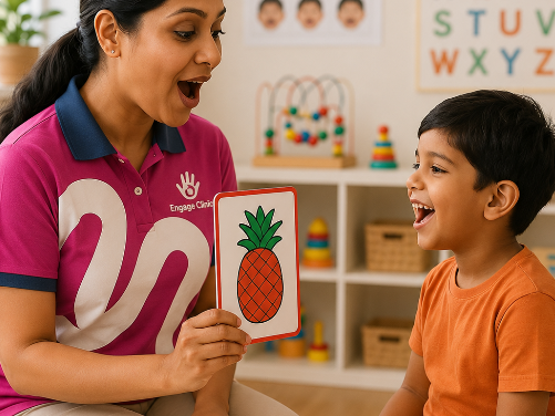 Child happily engaged with an Engage Clinic therapist during an early intervention session