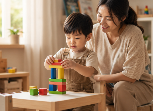 Child happily building blocks with a parent during a parent training session