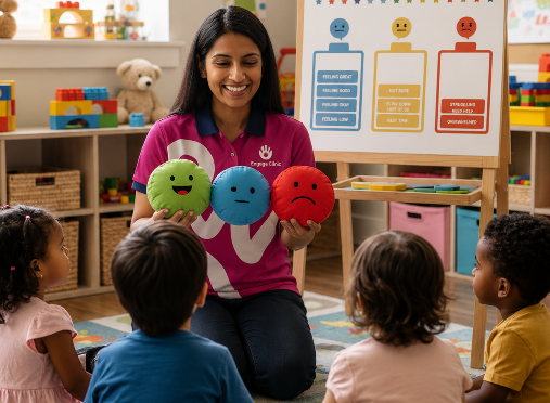 Children happily engaged with an Engage Clinic therapist during a school-age support session